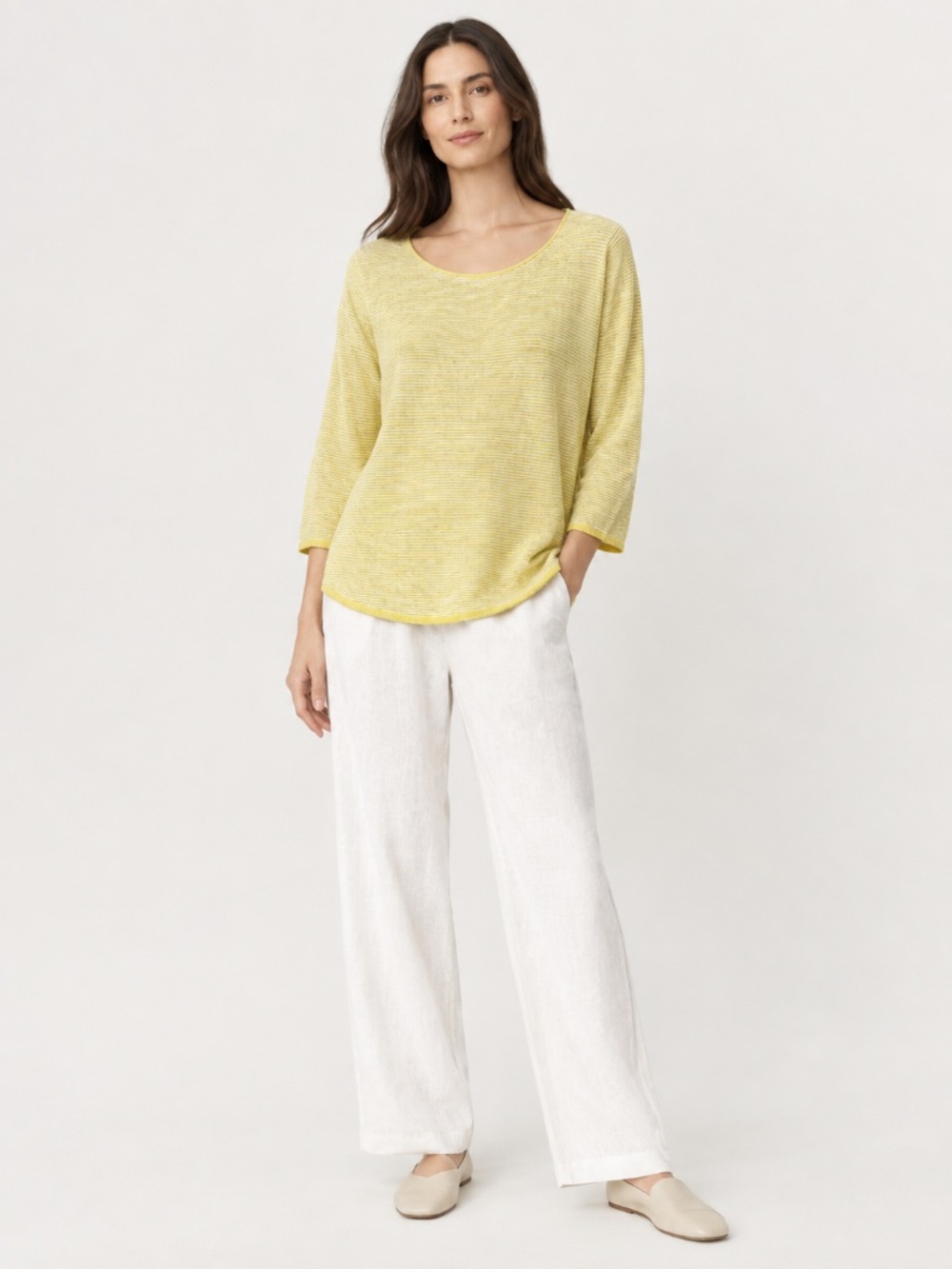 Eileen Fisher Yellow and White Striped Organic Linen/Cotton  Knit Top Size L/G